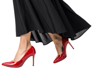Close-up of elegant woman’s feet in shiny red high heel shoes paired with long skirt, isolated on clean white background, fashion and style concept. PNG file