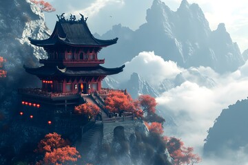 Serene Pagoda Sitting Gracefully Amid Mountain Clouds