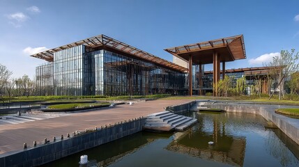 Obraz premium Modern architectural building with glass facade and water feature under clear sky
