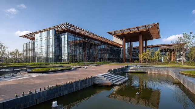 Modern architectural building with glass facade and water feature under clear sky