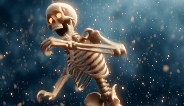A dancing skeleton in the dark sky.