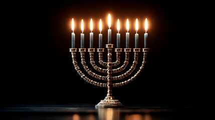 Fototapeta premium Illuminated menorah with burning candles against a dark background casting soft light