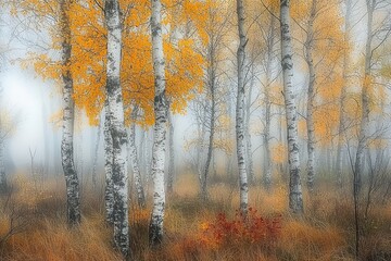 Autumn birch forest in fog with golden leaves and white bark