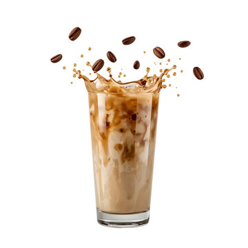 Iced latte surge with floating coffee beans conveying refreshment and energizing moments on an