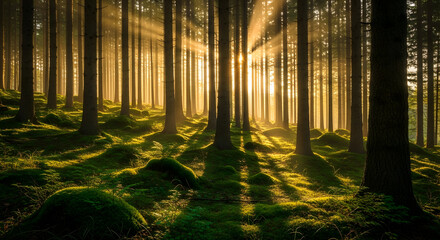 Dramatic golden sunbeams streaming between tall pine trunks over mossy forest floor, backlit woodland sunrise
