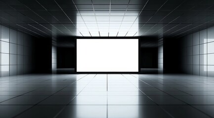 Empty modern corridor with bright illuminated end wall and reflective tiled floor