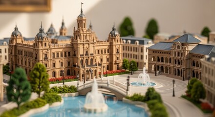 Fototapeta premium Detailed Architectural Model of Elegant Historic City Hall with Fountain and Greenery in Indoor Setting