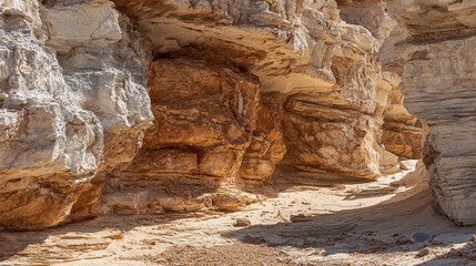 Sunlit canyon with layered rock formations showing varying shades of tan and brown a sandy floor is visible