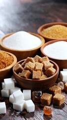 Various types of sugar in wooden bowls on a dark wooden table