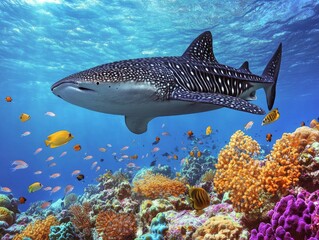 Fototapeta premium A whale shark peacefully gliding near a coral reef, surrounded by small fish
