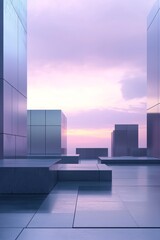 Modern architectural structures with reflective surfaces under a twilight sky