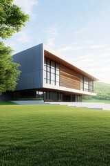 Modern architectural building with large glass windows and wooden facade, situated on a grassy landscape with trees and hills in the background