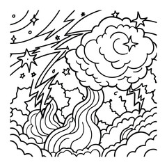 Skyfire, kids line art doodle pattern design t shirt silhouette and vector, intricate line art design, relaxing printable, high-quality illustration for stress relief, art therapy activity.