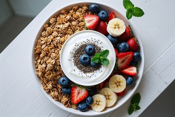 Healthy breakfast bowl with yogurt, fruit, chia seeds and oatmeal on the table