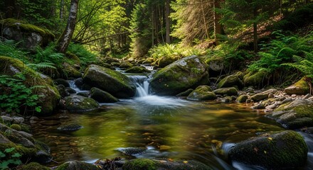 Obraz premium Sun-Dappled Forest Stream - Tranquil Cascade Through Mossy Rocks.