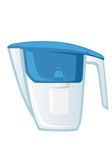 Blue water filter pitcher with transparent reservoir. Kitchen appliance for clean drinking water purification. Household filtration system with handle and cartridge. Vector illustration isolated