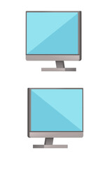 Two computer monitors different sizes. Square and widescreen desktop displays with blue screens. Modern office equipment for workplace setup. Vector illustration isolated on white background