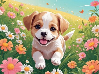 Happy puppy running in a colorful flower field during sunny day