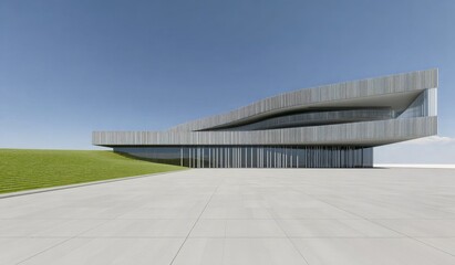 Modern architectural structure with sleek design and expansive concrete plaza under clear sky
