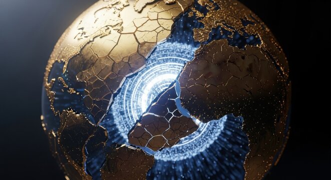 Futuristic Golden Globe with Digital Circuitry and Cracks in Dark Background