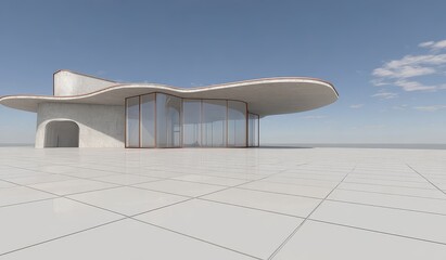 Modern minimalist building with curved roof and glass walls on a tiled plaza under clear sky