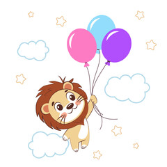 Cute cartoon lion cub flying with balloons in the sky.ai