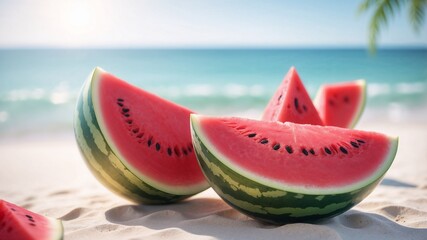 Fresh watermelon slices on sandy beach beside calm ocean waves