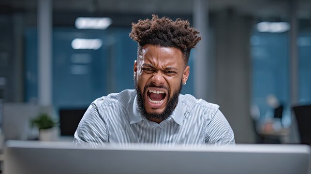 African American man shouting aggressively, expressing extreme frustration and anger while working at computer in office setting. Overworked professional concept.