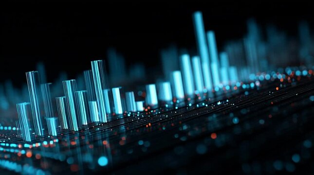 Abstract digital visualization with vibrant blue bars representing data analysis and statistics against a dark background.