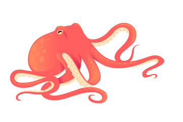 Resting octopus with relaxed tentacles on ocean floor. Red cephalopod in peaceful pose with curved arms. Marine creature in calm underwater position. Vector illustration isolated on white
