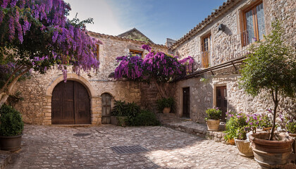 Fototapeta premium Charming stone courtyard with blooming purple wisteria and potted plants architecture