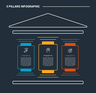 3 pillars infographic process diagram with simple structure with round spotlight container box with dark background bright outline style 3 points