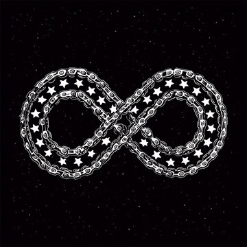 Endless Cycle: An artistic representation of infinity, crafted from a chain adorned with stars, set against the backdrop of a starlit night.