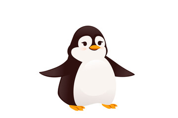 Penguin with spread wings and open eyes standing upright. Brown and white cartoon bird character in welcoming pose. Flat design style cute mascot. Vector illustration isolated on white background