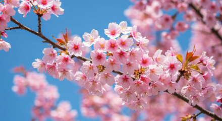 Obraz premium A branch of blooming pink cherry blossoms contrasts with a clear blue sky