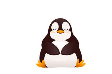Cute penguin with closed eyes hugging itself. Brown and white cartoon character expressing comfort and self-love. Adorable kawaii style mascot design. Vector illustration isolated on white background