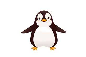 Penguin with outstretched wings in welcoming gesture. Brown and white cartoon bird character with orange beak. Flat design style friendly mascot. Vector illustration isolated on white background