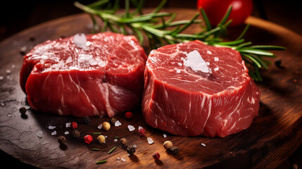 Pi&egrave;ce de viande de boucher. Morceaux de pav&eacute; de boeuf. Viande rouge. Viande crue avec des morceaux de gros sel et des herbes de Provence dispos&eacute; sur une planche d'ardoise. Cuisine, aliments. 