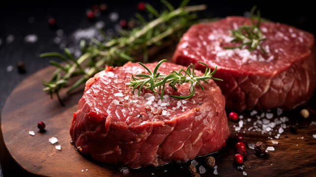 Pièce de viande de boucher. Morceaux de pavé de boeuf. Viande rouge. Viande crue avec des morceaux de gros sel et des herbes de Provence disposé sur une planche d'ardoise. Cuisine, aliments. 