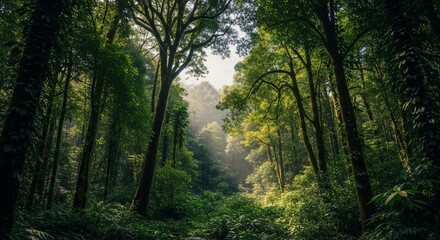 Fototapeta premium Sunlit Canopy - Lush Green Forest with Towering Trees and Ethereal Light Beams.