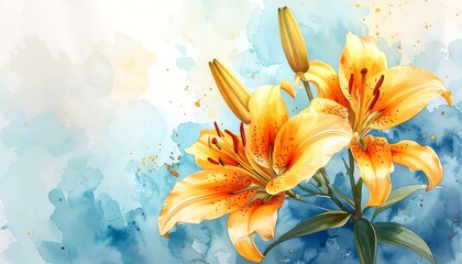 Delicate orange lilies on a soft blue watercolor background