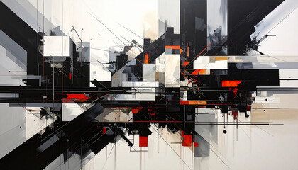 Abstract Cityscape Geometric Composition with Red Accents