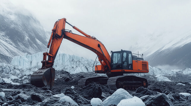 excavator in the snow mountains, tractor, machinery | Construction machinery and tractors working in snowy mountains | Tractor and excavator operating among snowy peaks