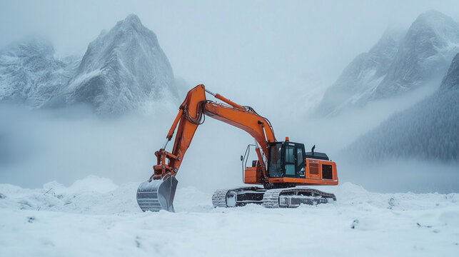 excavator in the snow mountains, tractor, machinery | Construction machinery and tractors working in snowy mountains | Tractor and excavator operating among snowy peaks