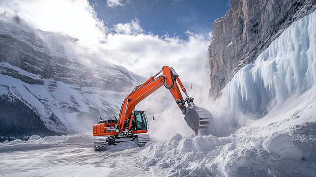 excavator in the snow mountains, tractor, machinery | Construction machinery and tractors working in snowy mountains | Tractor and excavator operating among snowy peaks