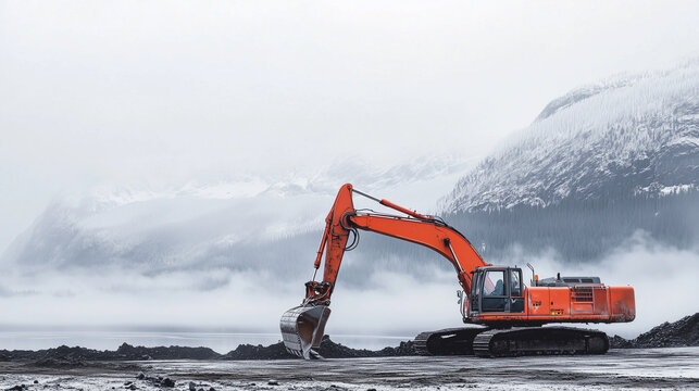 excavator in the snow mountains, tractor, machinery | Construction machinery and tractors working in snowy mountains | Tractor and excavator operating among snowy peaks