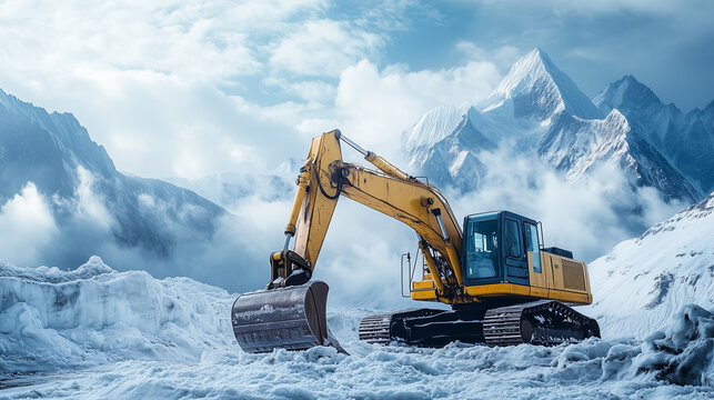 excavator in the snow mountains, tractor, machinery | Construction machinery and tractors working in snowy mountains | Tractor and excavator operating among snowy peaks