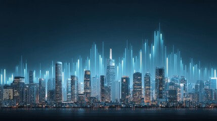 Futuristic City Skyline with Neon Lighting and Data Visualization Elements Over Water at Night for Modern Technology Concepts