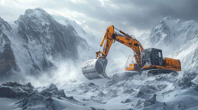 excavator in the snow mountains, tractor, machinery | Construction machinery and tractors working in snowy mountains | Tractor and excavator operating among snowy peaks