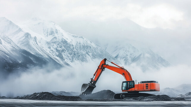 excavator in the snow mountains, tractor, machinery | Construction machinery and tractors working in snowy mountains | Tractor and excavator operating among snowy peaks